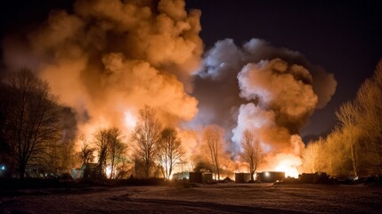 Flames consume a residential area as thick smoke billows into the sky, creating an orange glow amidst the darkness, showcasing chaos and destruction