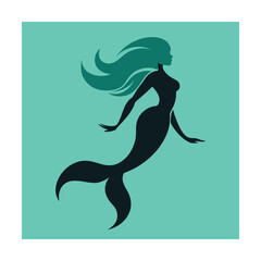 Elegant silhouette of a swimming mermaid with flowing teal hair on a turquoise background