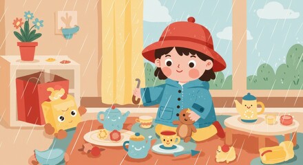 Obraz premium Rainy Day Tea Party: A Child's Cozy Indoor Playtime
