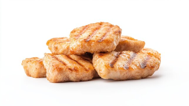 A small pile of freshly grilled mini chicken patties with visible grill marks rests on a bright white surface, perfect for burgers or a healthy lunch option.