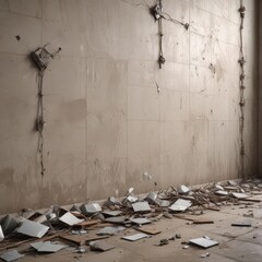 Crumbling tile, sharp glass shards, electrical wires ,  close-up,  shadow