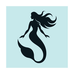 Silhouette of a beautiful mermaid with flowing hair in a light blue background