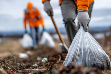 Close up, Young green activists picking up litter in nature