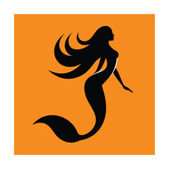 Silhouette of a beautiful mermaid swimming with flowing hair against orange background