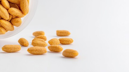 Obraz premium Close up captures crunchy peanuts with a savory coating spilling from a container on a clean white surface, perfect for snacking and adding texture and flavor.