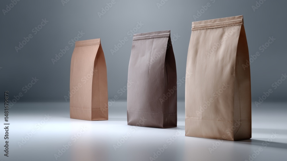 Poster three kraft pouches filled with grains are aligned on a smooth gradient surface, illuminated with cl