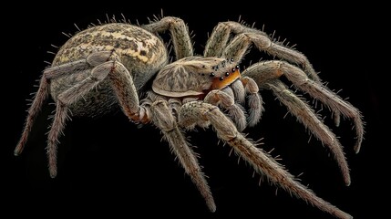 Detailed macro image showcasing the hairy texture and patterns of a wolf spider