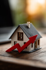 House model with a red arrow pointing upward, a trending stock photo with a blurred background, simple composition, professional color grading, and clear, sharp focus.