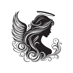 vector silhouette of a beautiful woman like an angel, simple black and white that can be edited