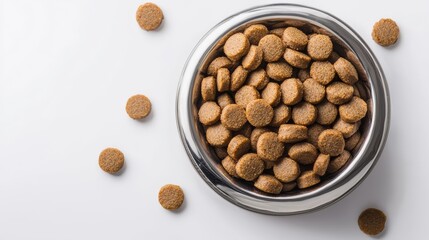 An overhead shot shows a shiny stainless steel bowl filled with nutritious brown pet food pellets, some scattered nearby on a clean white background, studio shot.