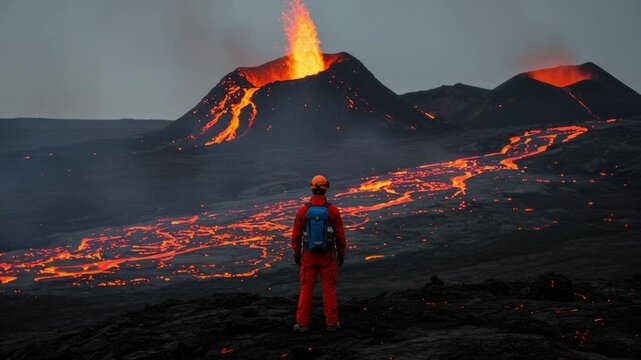A Stunning Eruption: A Solo Hiker in Orange Gear Stands in Awe, Gazing Up at a Majestic Volcano Erupting Lava and Ash Amidst a Dark Mountainous Landscape