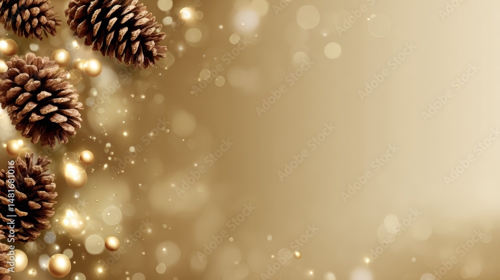 Poster warm golden backdrop features pinecones and sparkling fairy lights, creating a cozy atmosphere perfe