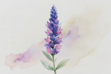 Delicate watercolor painting of a beautiful purple lupine flower with green leaves
