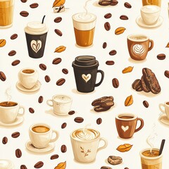 Obraz premium Coffee Themed Pattern with Various Cups and Coffee Beans Design
