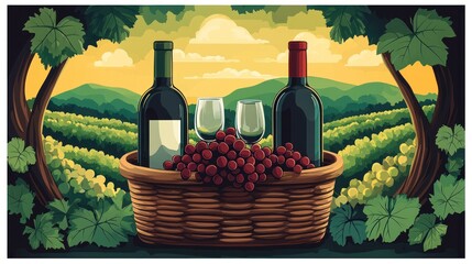 Fototapeta premium Wine basket with grapes, bottles, and glasses in vineyard setting
