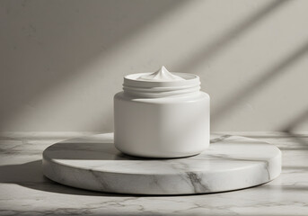 White cosmetic cream jar on marble pedestal soft lighting and shadows