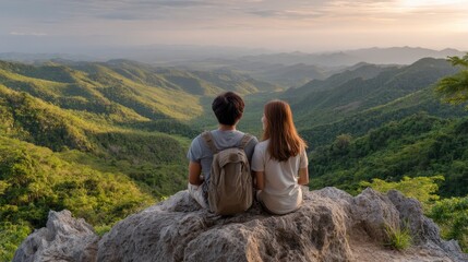 Naklejka premium Couple Sitting on Rock Enjoying Mountain View at Sunset