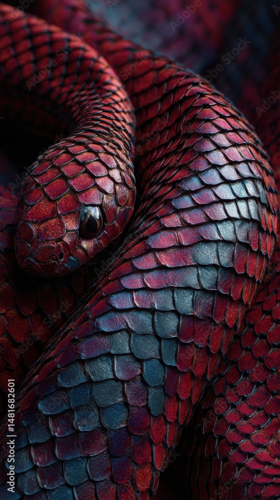 Poster close-up of a vibrant red and blue snake coiled around itself in a natural setting under soft light