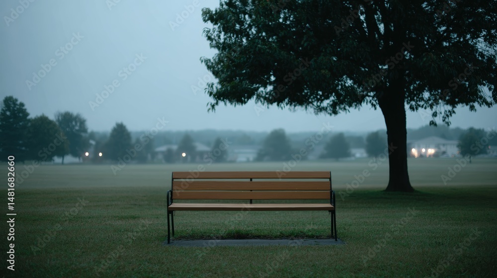 Poster wooden bench positioned in a tranquil grove surrounded by mist creates an atmosphere of solitude and