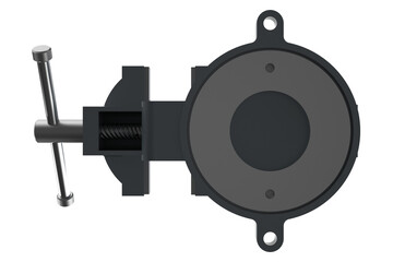 Heavy duty grey metal workshop vice tool for securely gripping and holding workpieces. Isolated industrial equipment element on a PNG Transparent HD Background for various design projects.