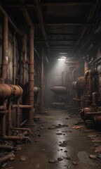 Dark, damp basement with aged machinery & rusted pipes ,  texture,  heavy machinery