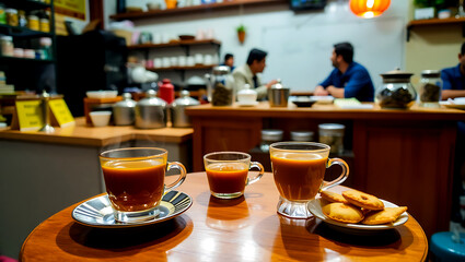 Cozy Indian Tea Shop Scene with Steaming Masala Chai, Snacks.
