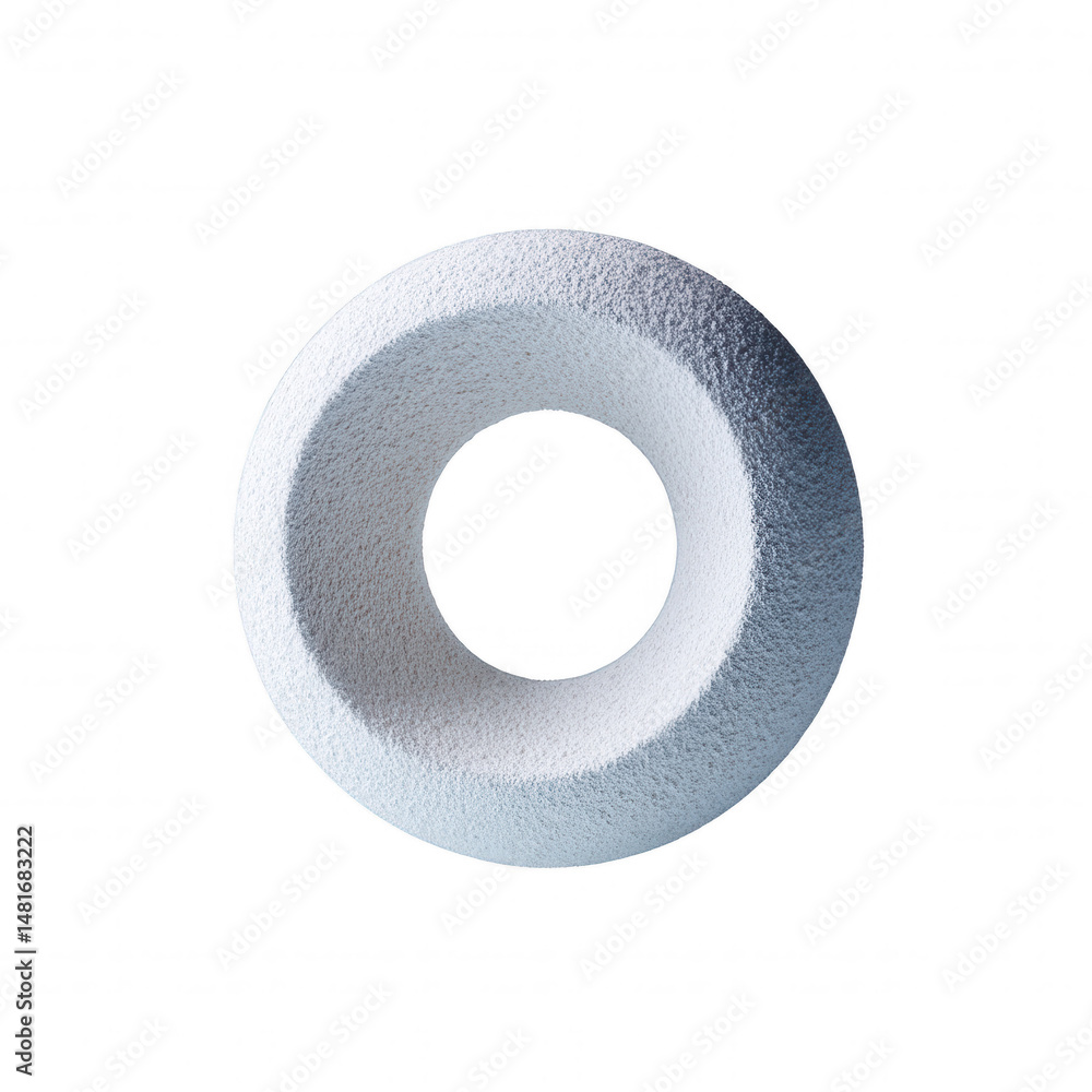 Poster a textured white torus with subtle grayscale gradient floats in empty space, creating a minimalist a