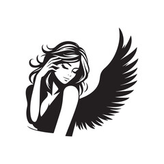 vector silhouette of a beautiful woman like an angel, simple black and white that can be edited
