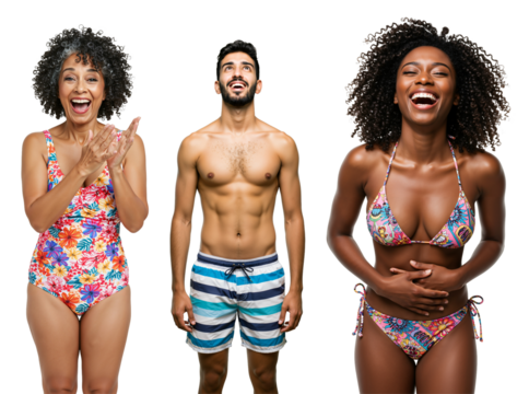 Diverse Group of Young Adults Celebrating Summer in Colorful Swimwear Against a transparent background - Featuring Two Women and One Man Exuding Joy and Laughter
