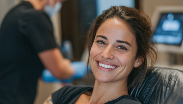 Woman smiling laying while getting a dermoscopy on arm stock photo photography shot 