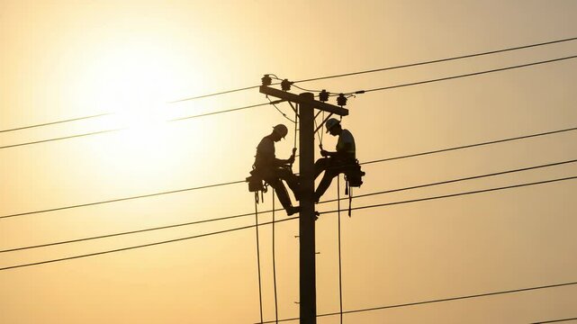 Two Male Linemen Working on Electric Transmission Lines at Sunset, Harnessed for Safety, Silhouette Against Golden Sky