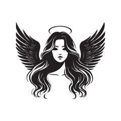 vector silhouette of a beautiful woman like an angel, simple black and white that can be edited