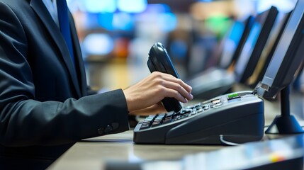 Close-up view of a person using a point-of-sale terminal.