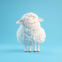 Banner with a portrait of a charming little white ram on a blue background. Eid al Adha Mubarak greeting card with sheep. Traditional Muslim holiday. Eid al Adha concept background. Place for text.