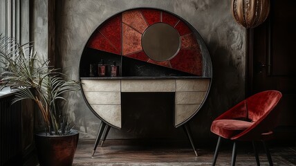 Stylish modern vanity with geometric design, paired with a chic red chair, set against a textured wall, perfect for contemporary interior decor inspiration.