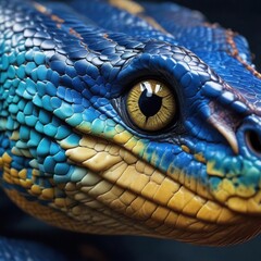 Fototapeta premium Striking close-up of a blue viper snake's head with vibrant colors, fangs, deadly