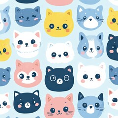 Fototapeta premium Colorful Cat Pattern with Cute Adorable Cartoon Faces on Light Background