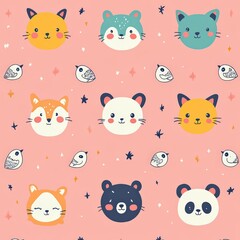 Cute Cartoon Animals and Birds on Pink Background for Kids Design