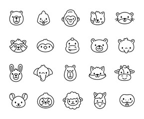 Animal face character set with funny emotions, charming fur creatures, cute reactions, friendly species, happy styles and adorable illustrations for yours designs projects