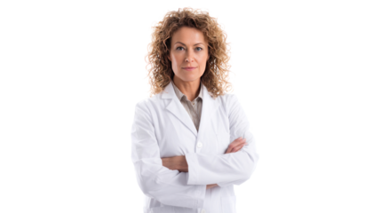 A composed professional, adorned in a crisp white lab coat, exudes an air of expertise and determination, standing with arms crossed in a focused pose.