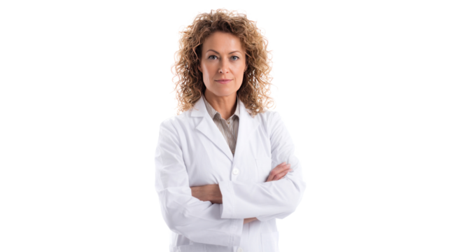 A composed professional, adorned in a crisp white lab coat, exudes an air of expertise and determination, standing with arms crossed in a focused pose. - Powered by Adobe