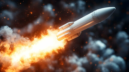 Fototapeta premium A sleek, white rocket ascends, leaving a fiery trail of smoke and exhaust against a dark, starry backdrop