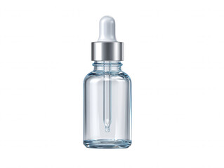 A clear glass dropper bottle with a silver cap stands isolated on a white background, perfect for showcasing beauty serums and essential oils in presentations.
