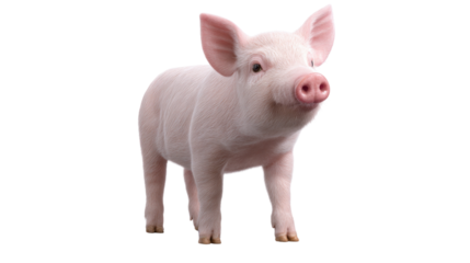 A charming pink piglet stands against a white background, its pink snout and floppy ears adding to its adorable appeal.