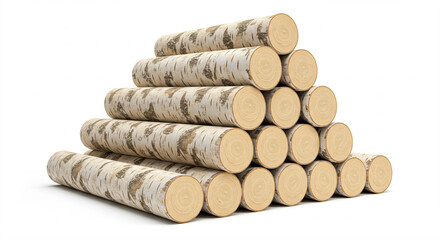 A pyramid-shaped stack of birch logs with visible bark and concentric rings.