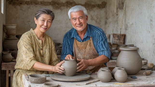 Couple Making Pottery Together in Workshop Smiling