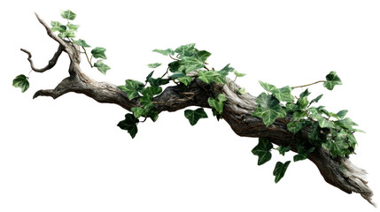 Fototapeta premium Woody Branch with Green Leaves: A detailed image of a weathered, woody branch entwined with vibrant green leaves, showcasing the intricate patterns of nature's design.