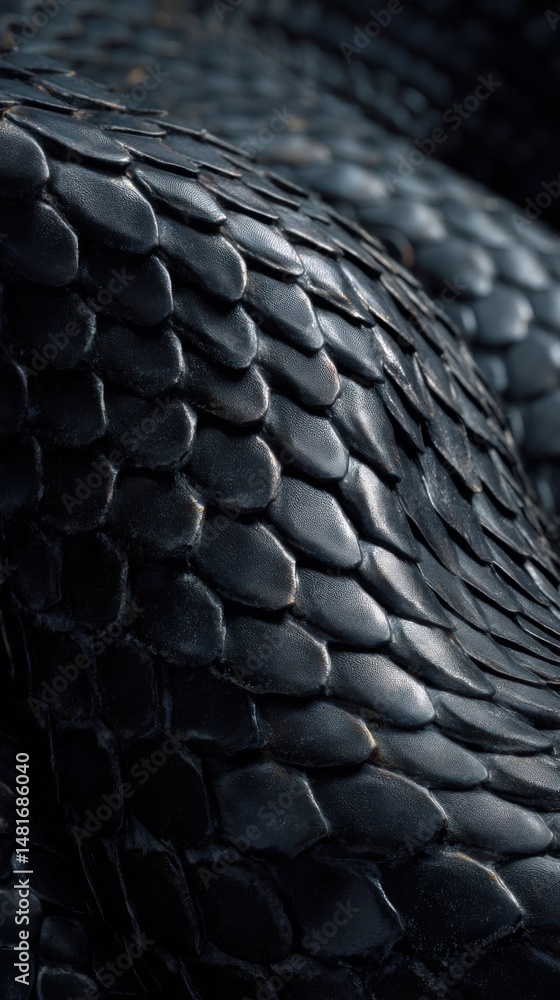 Poster close-up view of dark, glossy snake scales revealing intricate texture and patterns
