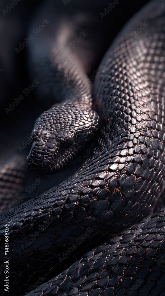 Poster black snake coiled on dark surface showing intricate scale patterns and natural textures