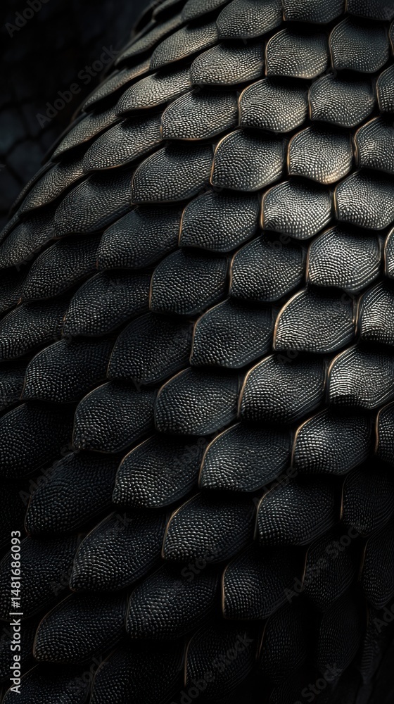 Poster textured black scales create an intricate pattern highlighting their structure and shadow play